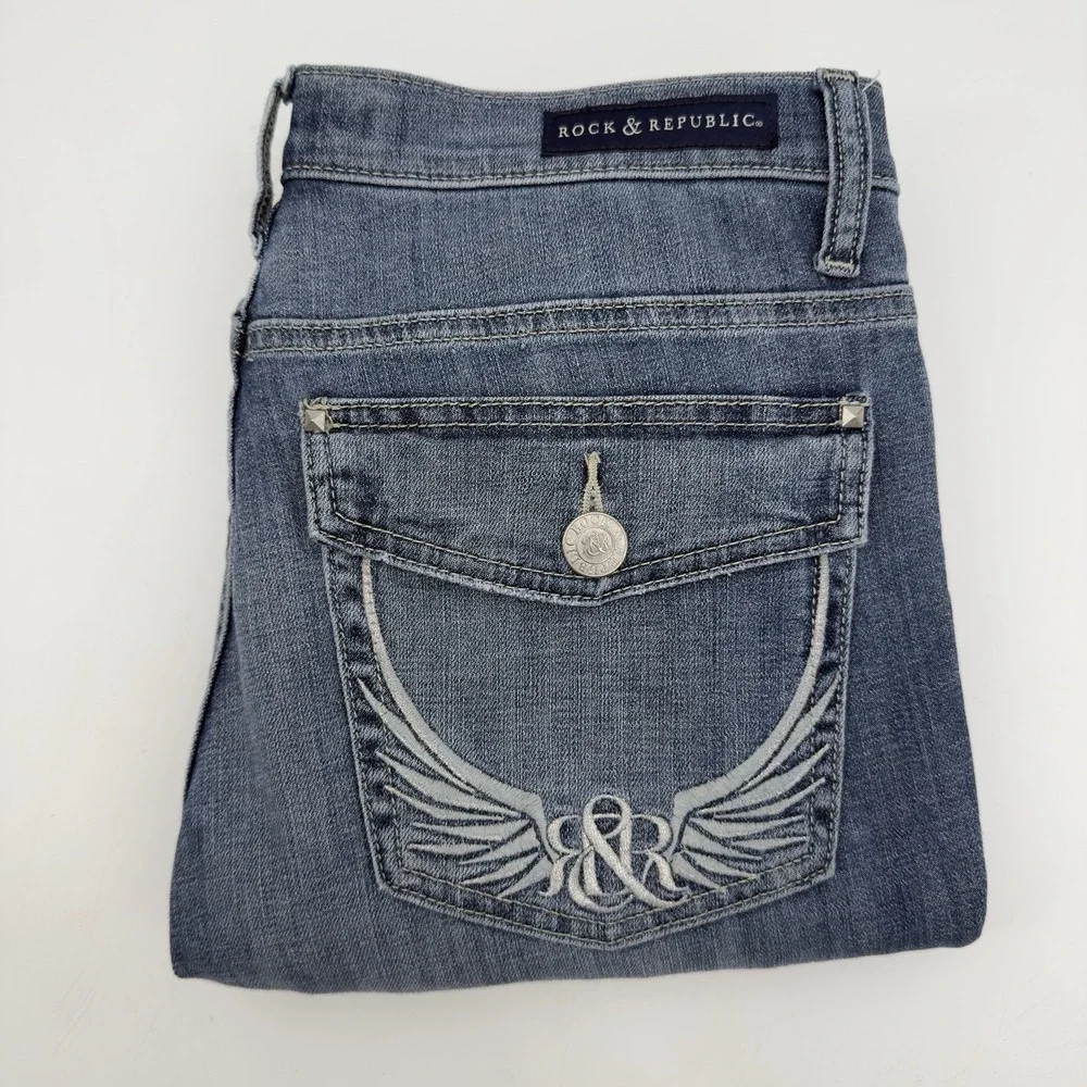 Rock & Republic Kendall Jeans Women's‎ Size 12 Straight Leg Embroidered Pockets